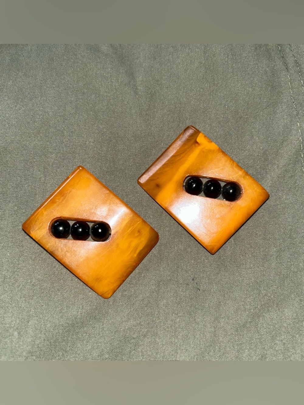 Vintage Art Deco Amber Bakelite Catalin Buckles With Black Beads Minimalist